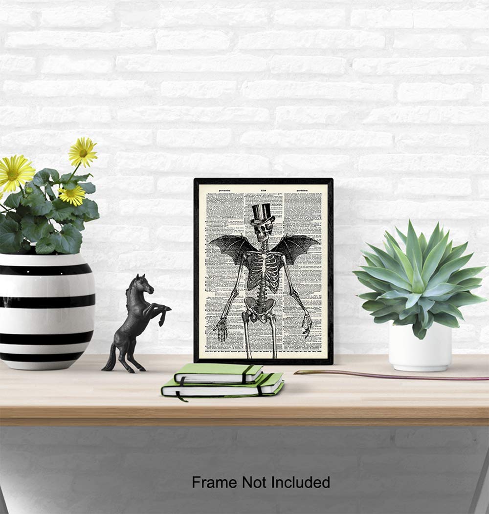 Skeleton Decor - Bat Wall Decor - Steampunk Decoration - Gothic Home Print Wall Art - Goth Room Picture - Gothic Gifts - Medieval Art - Creepy Scary Poster 8x10 - Halloween Decorations - Skull Picture