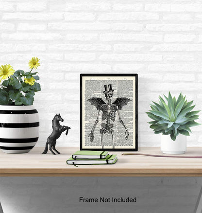 Skeleton Decor - Bat Wall Decor - Steampunk Decoration - Gothic Home Print Wall Art - Goth Room Picture - Gothic Gifts - Medieval Art - Creepy Scary Poster 8x10 - Halloween Decorations - Skull Picture