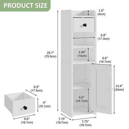 Lomojo Small Bathroom Storage Cabinet,Narrow Toilet Paper Holder,Corner Floor Cabinet with Doors and Drawer for Small Space,Adjustable Shelf Organizer,7.75L*7.75D*29.6H,White