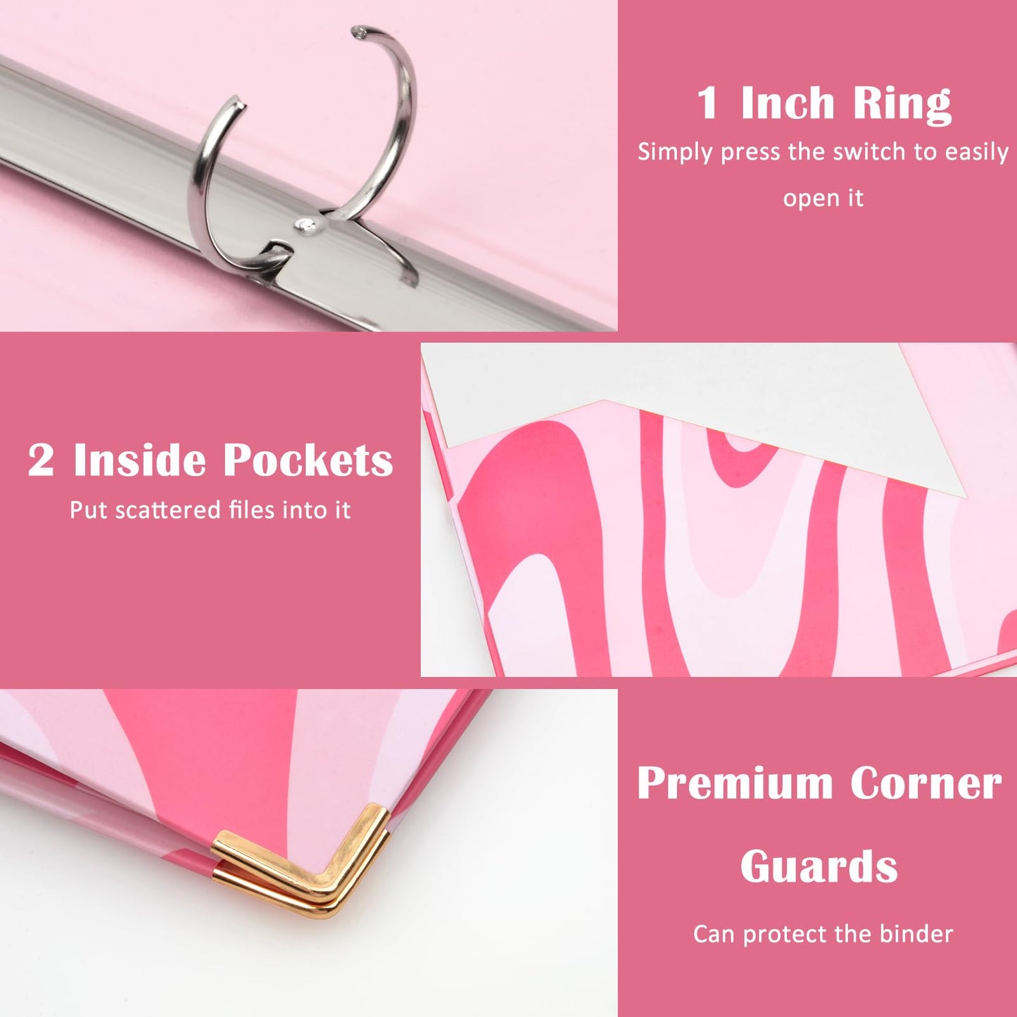CenviaLuxy 3 Ring Binder 1 Inch Three Ring Binder Cute Binder Fits A4 Paper Decorative Clipboard Binder with 5 Tab Dividers for School Office Supplies (Pink Ripple)