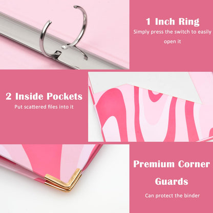 CenviaLuxy 3 Ring Binder 1 Inch Three Ring Binder Cute Binder Fits A4 Paper Decorative Clipboard Binder with 5 Tab Dividers for School Office Supplies (Pink Ripple)