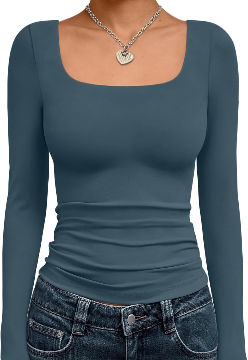 Trendy Queen Womens Long Sleeve Shirts Crop Tops Fall Fashion 2025 Square Neck Going Out Basics Tees Y2k Clothes