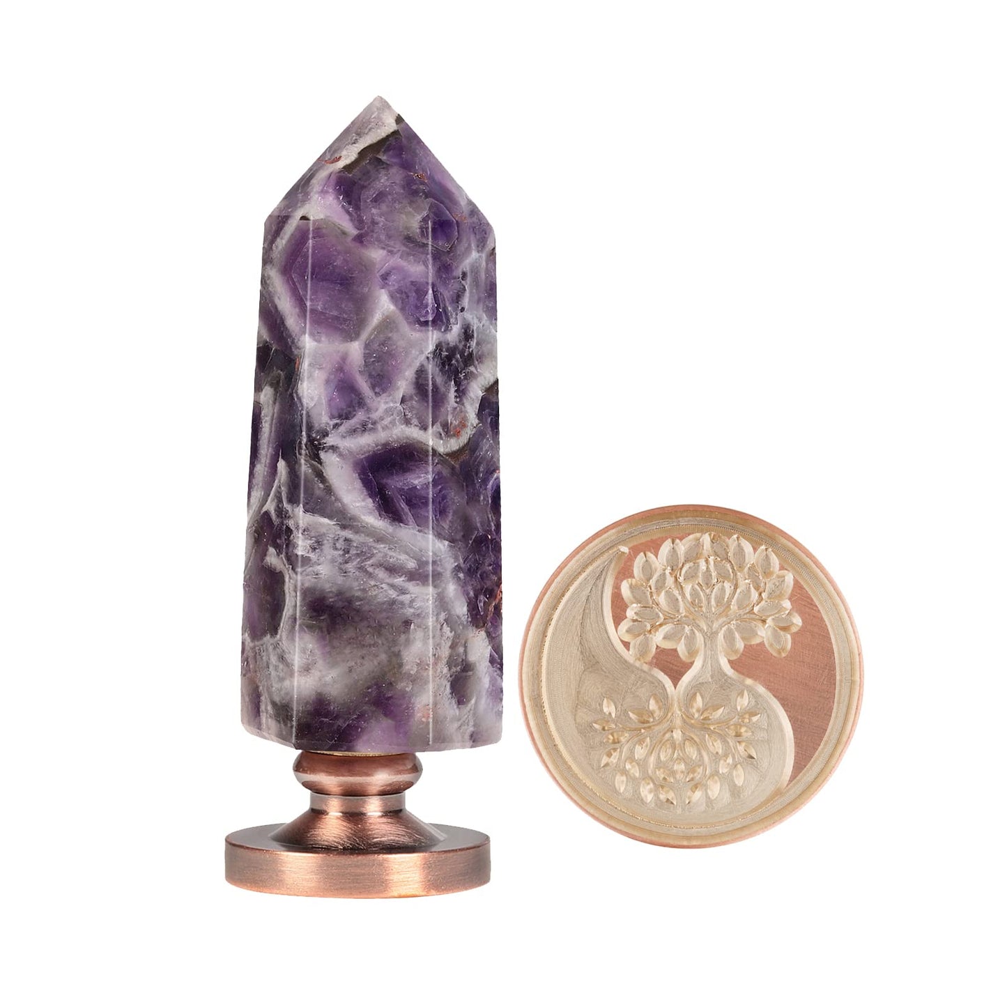 Cheungshing Amethyst Crystal Hexagon Prism Wax Seal Stamp, Detachable Vintage Copper Seals for Invitation Cards for Christmas Halloween Thanksgiving Gift, Twin Symbiotic Tree of Life Pattern