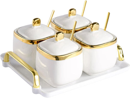 EABOSON 4 Pack Set Gold Condiment Spice Jars with Lids, Spoons, Tray - Ceramic Seasoning Box for Salt, Pepper, Sugar