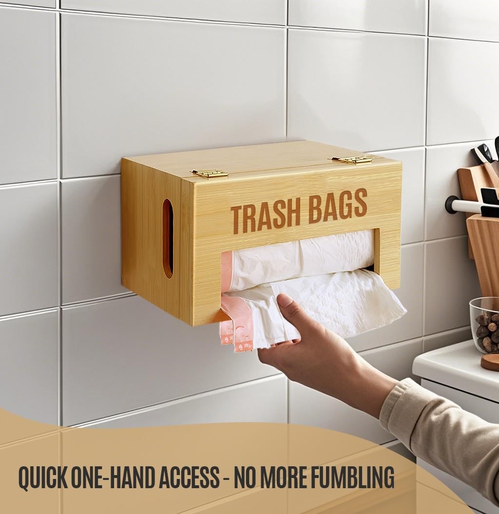 8-33 50+ Libreshine Bamboo Garbage Bag Holder, Multi-Mount Space-Saving Trash Bag Organizer for Kitchen, Pantry, Holds