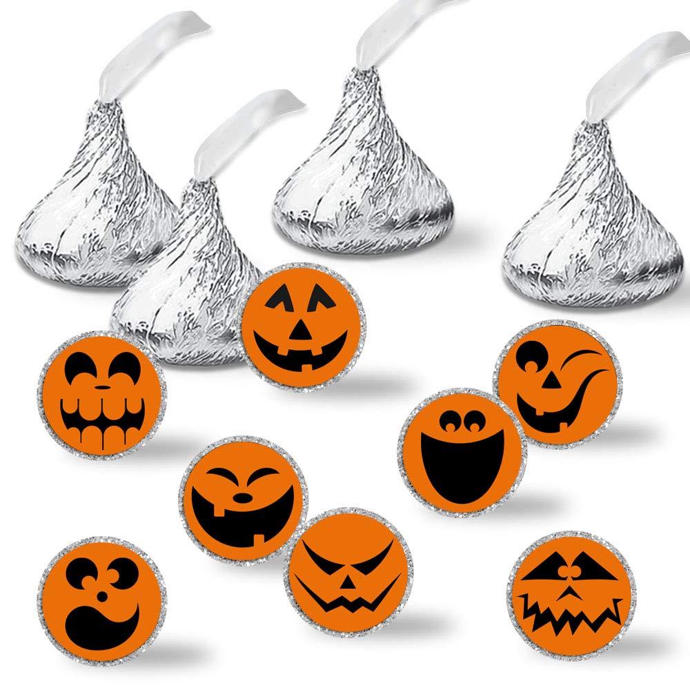 Halloween Jack-O-Lantern Pumpkin Faces Party Kiss Sticker Labels, 300 Party Circle Sticker sized 0.75” for Chocolate Drop Kisses by AmandaCreation, Great for Party Favors, Envelope Seals & Goodie Bags