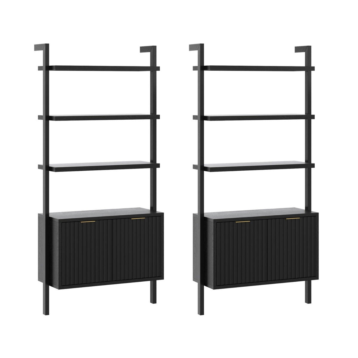 Nathan James Jasper 3-Shelf Solid Wood Boho Bookshelf, Wall Mounted Bookshelf with Cabinet with Fluted Doors, Black Oak, Set of 2