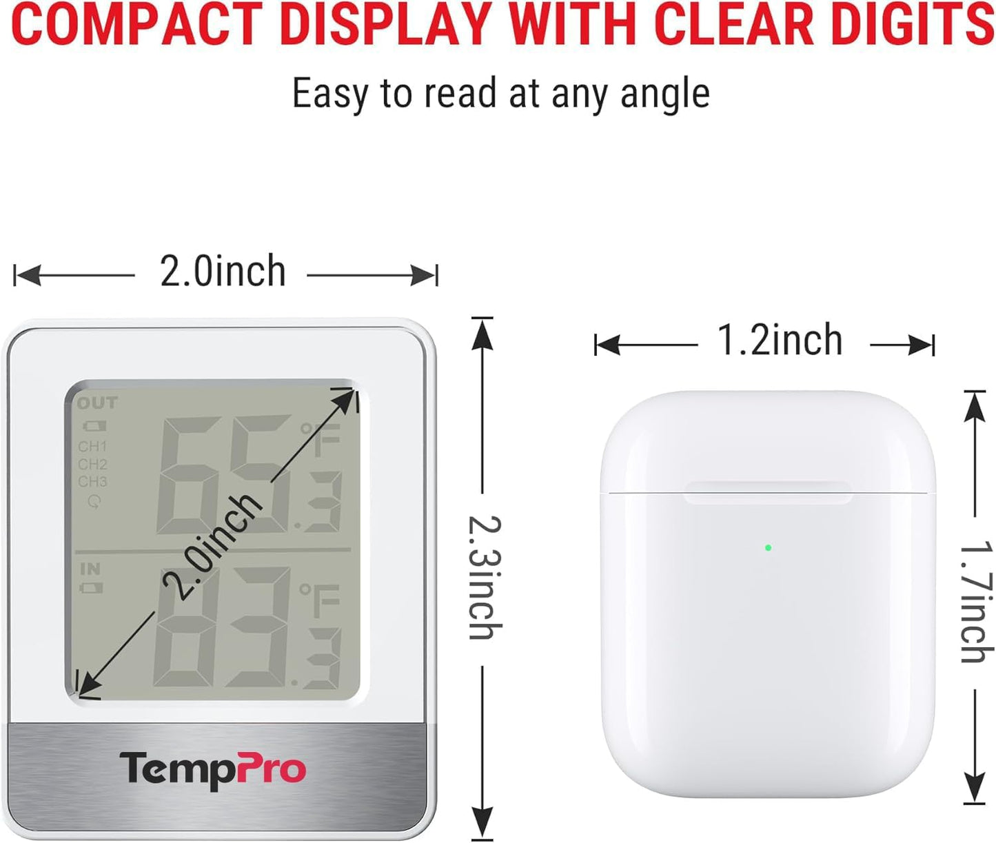 TempPro Wireless Indoor Outdoor Thermometer - 500FT Range Temperature Sensor for Greenhouse, Patio & Home