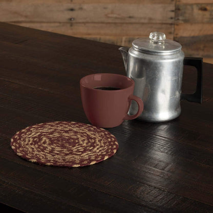 VHC Brands Classic Country Primitive Tabletop & Kitchen Jute Trivet, Burgundy Natural Tan, 8"