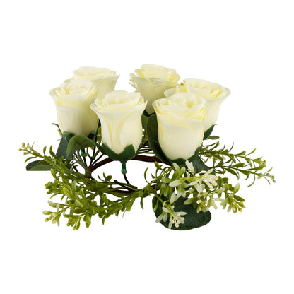 Candle Rings Wreath Centerpieces 10Pcs Cream Rose Candle Floral Wreaths 8.27In Artificial Flowers Rings Wedding Party Decor (Cream, Green)
