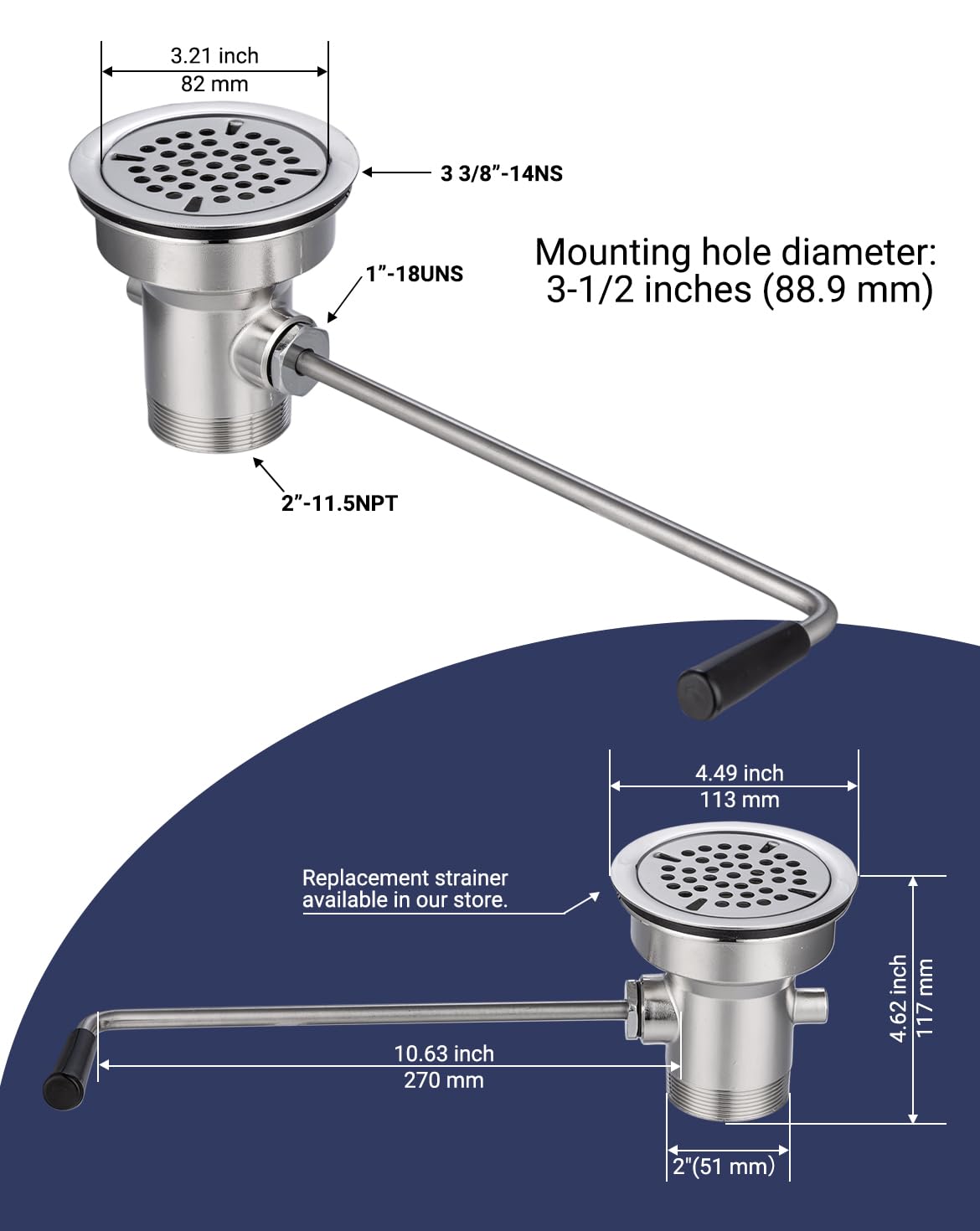 Sepaitek 3-1/2" Commercial Sink Drain with Twist Lever Handle, Waste Drain Valve Without Overflow Inlet for Restaurant 2/3 Compartment Sink, Easy Controll, Block-Free and Leakproof