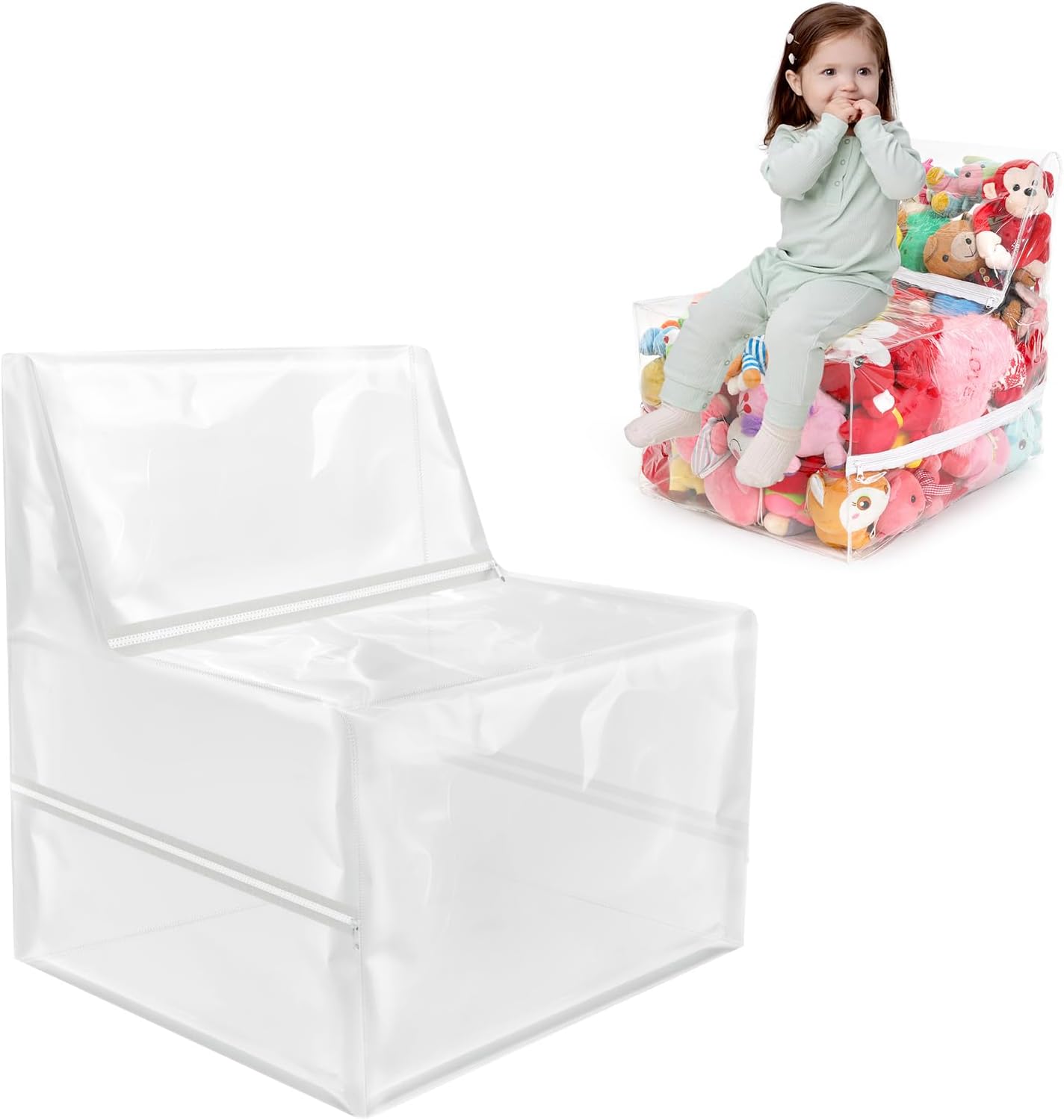 18-inch 3 Clear Bean Bag Chair for Stuffed Animals Storage Hidden Zippers Toy Organizer,Durable PVC Waterproof Material