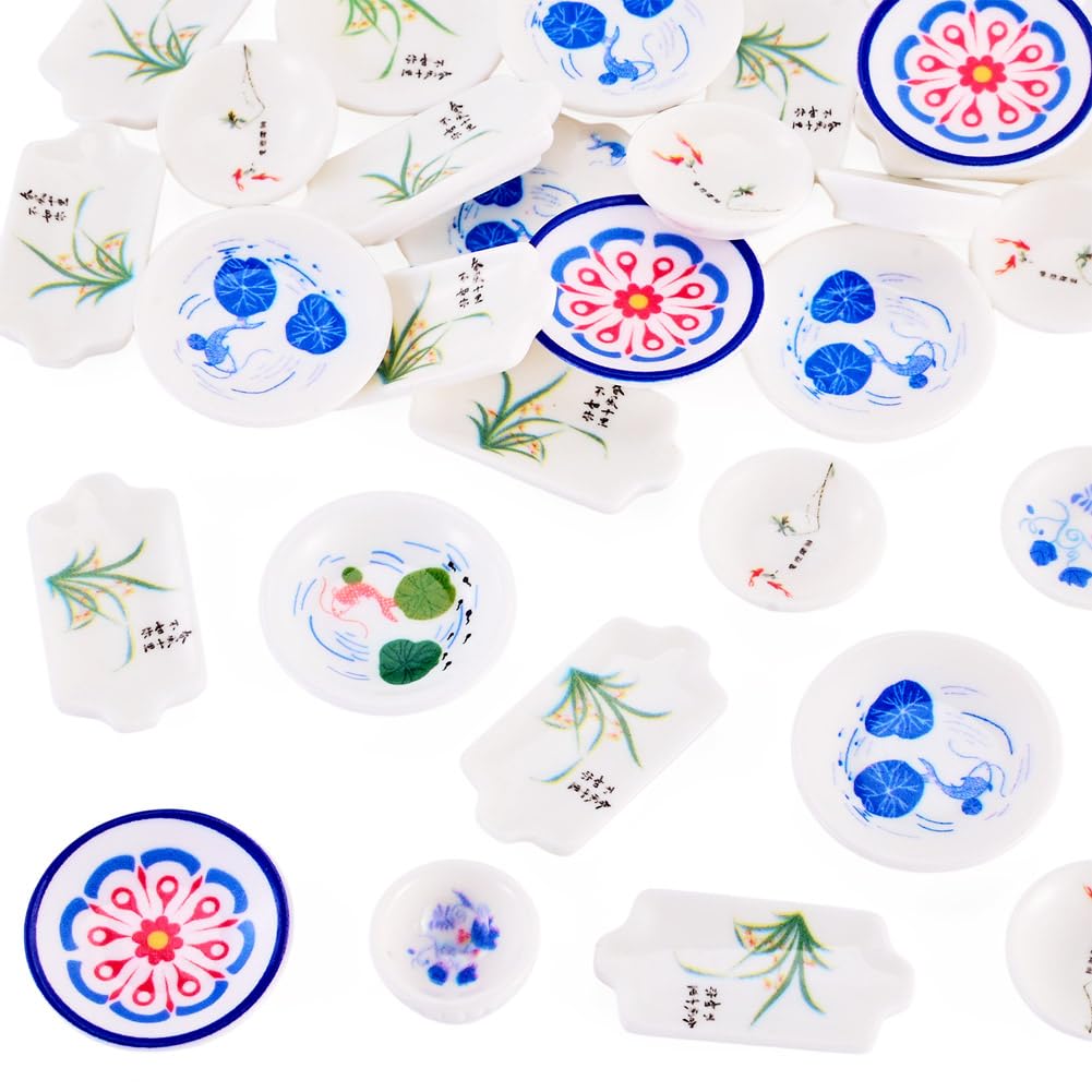 Beadthoven 30Pcs Blue and White Porcelain Plates Resin Miniature Dollhouse Tray Cute Mini Food Dish Tray Tableware Accessory Kitchen Ornaments for Micro Landscape DIY Garden Tea Party Crafts Supplies