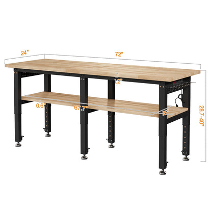 SPECRAFT 72"x24" 2-Tier Adjustable Workbench with 4 AC Outlet and 2 USB Ports Power Outlets, 6000 Lbs Capacity Heavy Duty Workbench, Rubber Wood Top for Garage, Workshop, Office