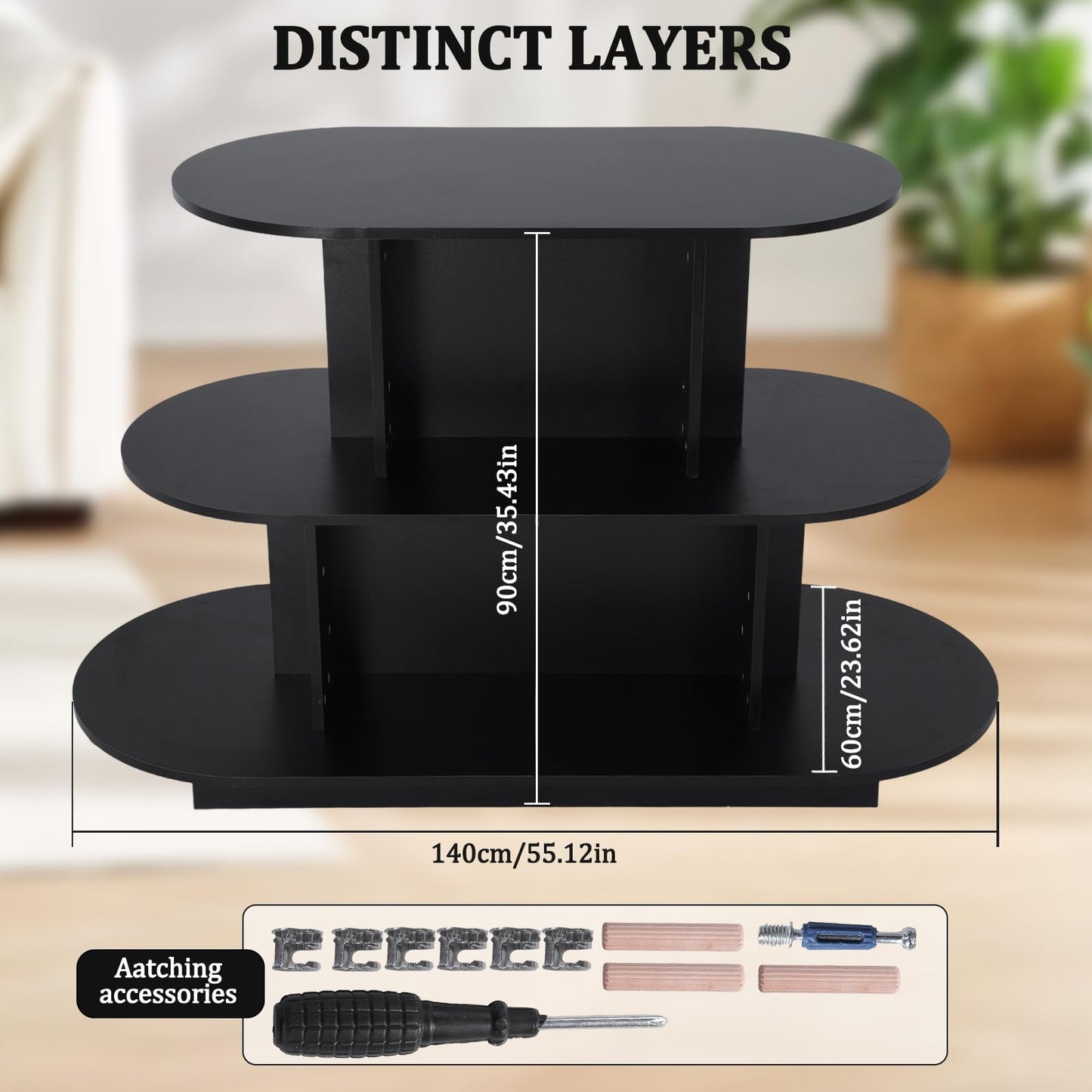 3 Tier Wooden Oval Display Table Large Storage Space Retail Table Modern Standing Display Riser Shelf for Stores Vendor Events 55in W x 23.6in D x 35in H (Black)