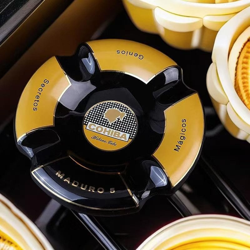 5 Cigar Ashtray, Black and Gold, Round Ceramic, 4 Rests