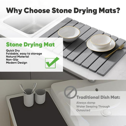 Stone Drying Mat for Kitchen Counter, Quick Diatomaceous Earth Mats for Dishes, 24"L x 16" W Super Absorbent Fast-Drying Collapsible Countertop Stone Mat (Light Grey, 24" x 16")