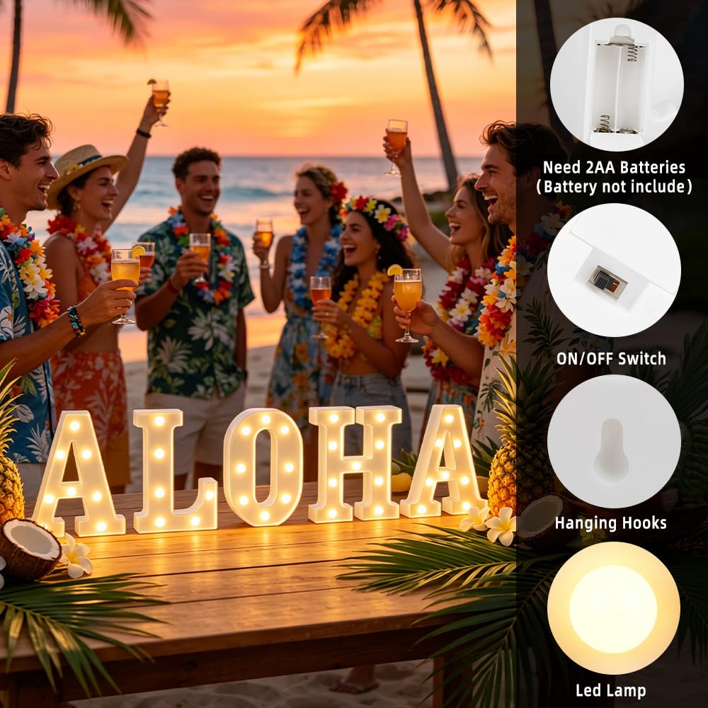 CDIXlmuz ALOHA Lights Up Letters Set – 8.6 in Battery Operated Plastic Led Marquee Light Sign for Hawaiian Luau Party Decorations, Tropical Summer Birthday – 5 Pack (A, H, O, H, A) (White)