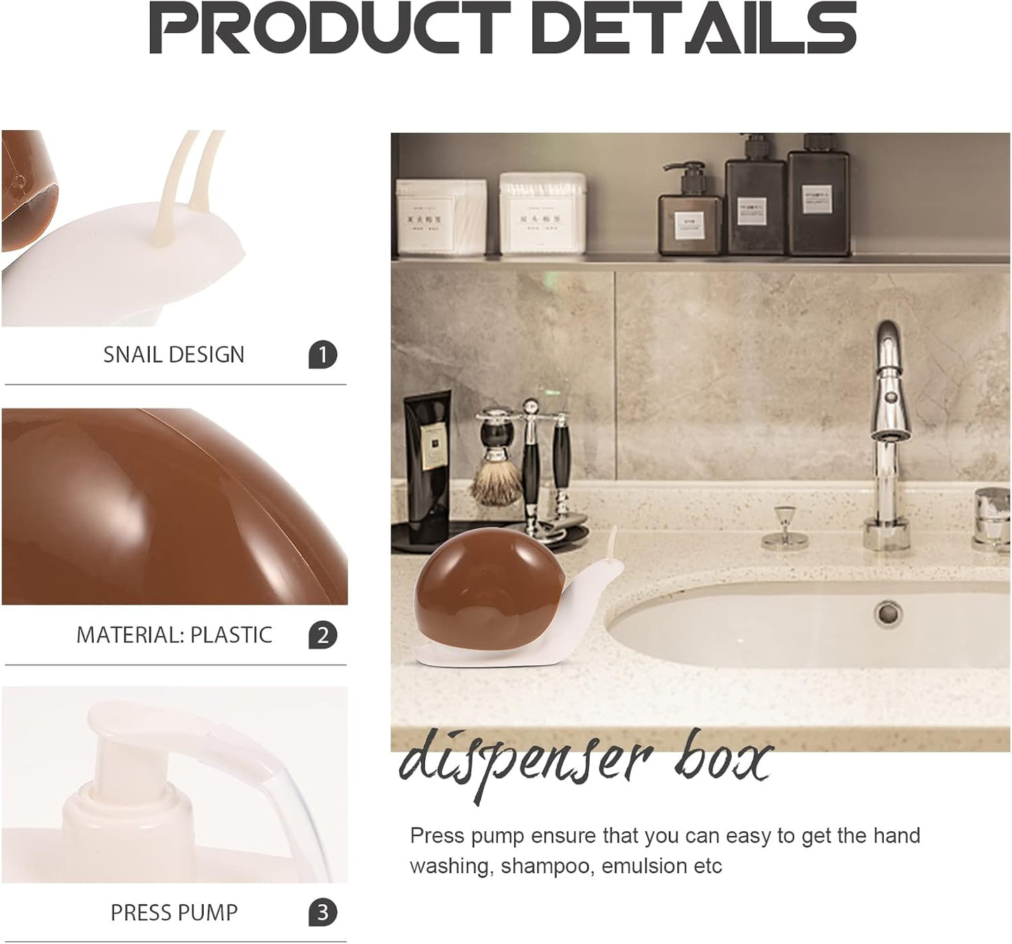 Snail Shaped Soap Dispenser, Cute Hand Soap or Lotion Pump Bottle, Fun Bathroom Accessory, Coffee Color, 6.88 x 4.33 x