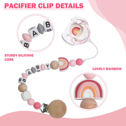 SCOM Reborn Baby Doll Accessories Set - Rainbow Silicone Pacifier Clips & Magnetic Pacifiers & Removable Reusable Baby Doll Bottles for Reallife Realistic Reborn Dolls Girls, Pink Style, 3 Pcs