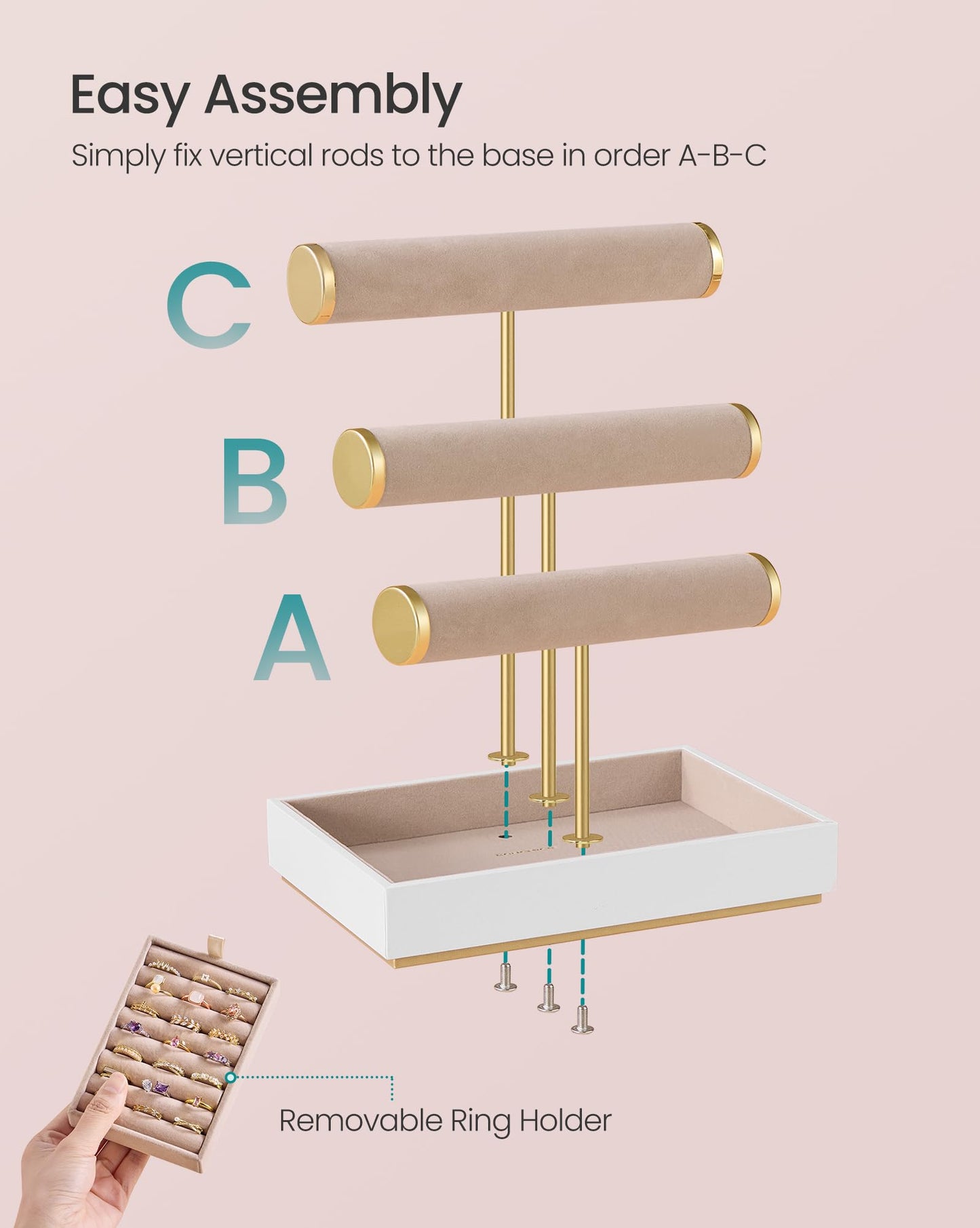 SONGMICS Bracelet Holder Stand, Jewelry Display Stand, Jewelry Organizer, with 3 Tiers and Velvet Tray, Removable Ring Holder, Cloud White and Camel Brown UJJS027A01