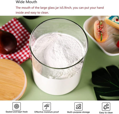 Large Glass Flour Container with Airtight Bamboo Lid, 3L Food Jar for Storage of Flour, Sugar, Cookies, Rice