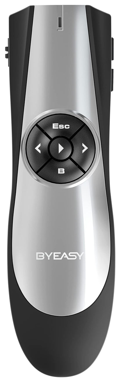 BYEASY Wireless Presenter,RF 2.4GHz Presentation Clicker Remote 100 FT, USB PowerPoint PPT Clicker, Volume Control for Google Slides- Black