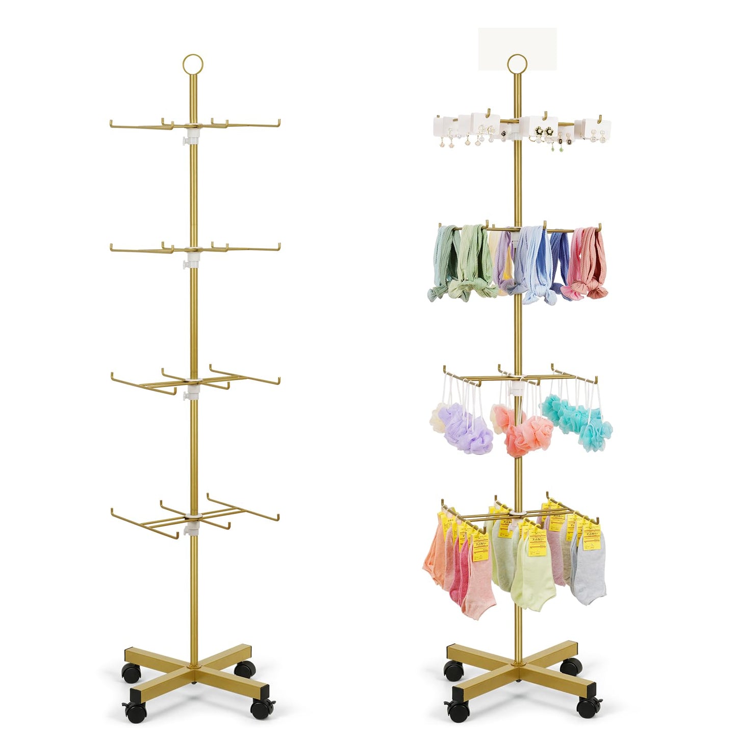 Flenpptly Retail Display Stand Rotating Display Stand 4 Tier Spinning Display Stand for Craft Shows, Jewelry, Keychain, Earring Adjustable Height Retail Display Racks (Gold)