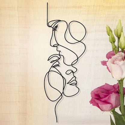 Minimalist Metal Wall Art, Abstract Iron Facial Line Sculpture, Modern Black Decor for Living Room Bedroom Office