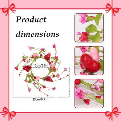 2 Pcs 10" Mini Valentine Candle Rings Wreath for Front Door Small Valentine's Day Red Heart Berry with Forsythia Flowers Decor for Kitchen Cabinet Porch Wall Window Chai (Pink)