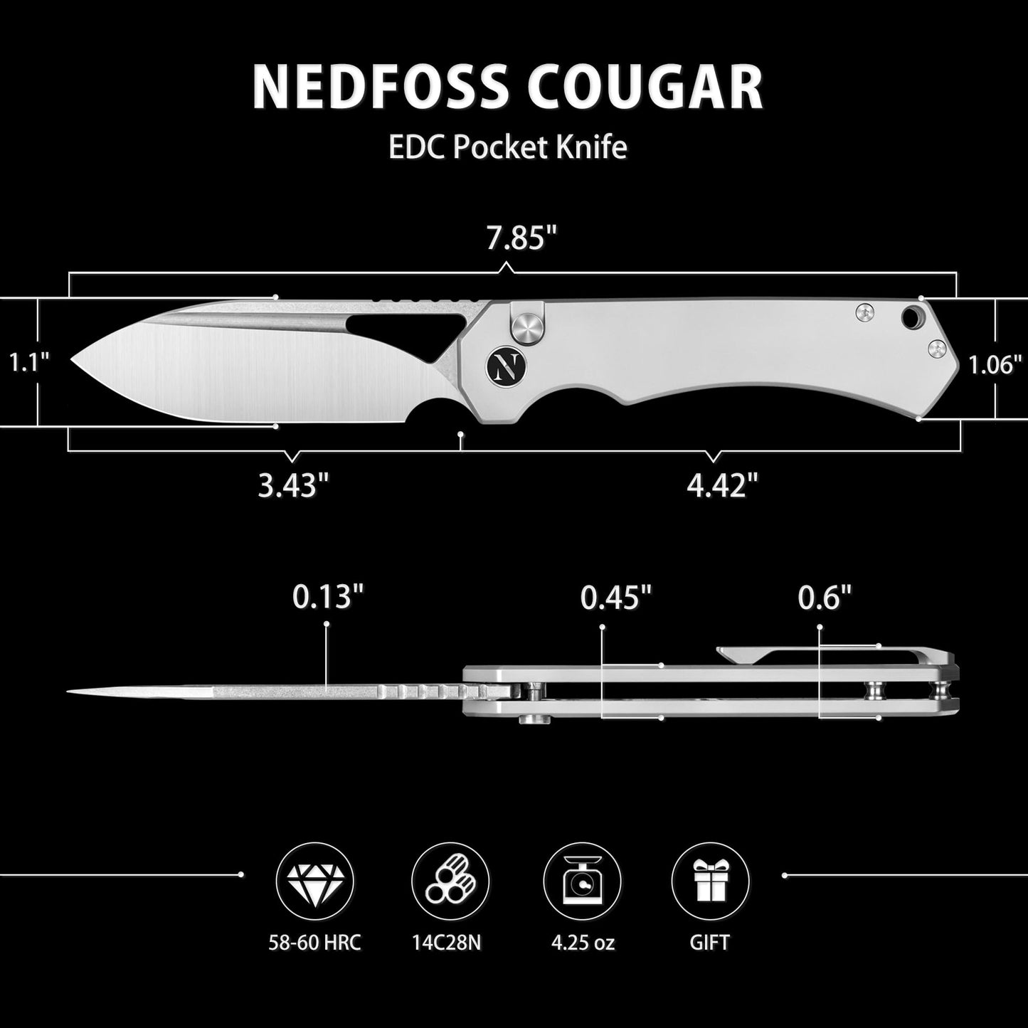 NedFoss COUGAR Folding Pocket Knife, Button Lock EDC Knife with G10 Handle, 3.43" Sandvik 14C28N Blade EDC Tactical Knives, Lightweight Knife for Outdoor Survival Camping Everyday Carry