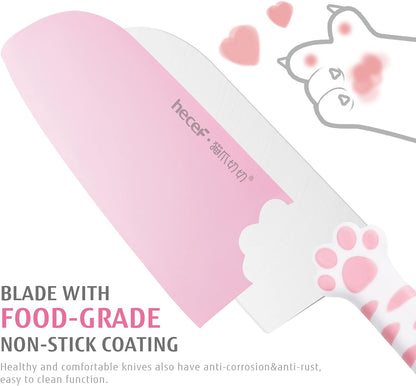 hecef Cute Kitchen Knife Set, 5-Piece Non-Stick Knives Set with Detachable Block and Scissors, Pink
