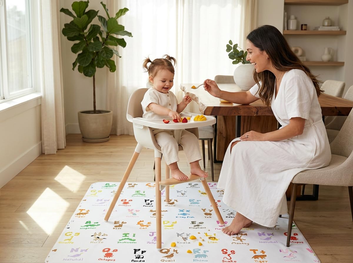 51" Splat Mat for Under High Chair/Arts/Crafts, WOMUMON Baby Washable Spill Mat Waterproof Anti-Slip Floor Splash Mat, Portable Play Mat and Table Cloth