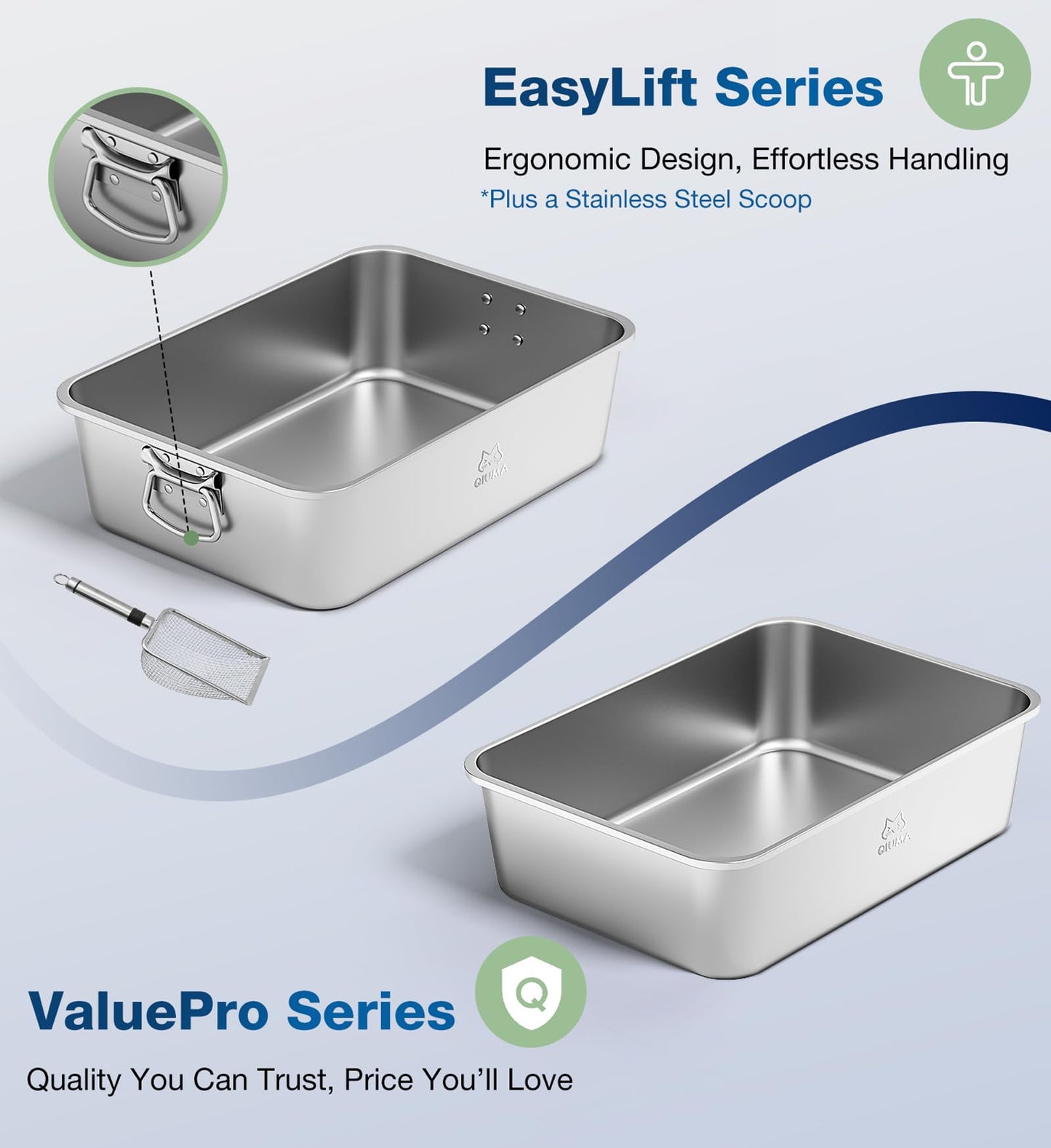 Qiuma Stainless Steel Litter Box with Handle, Large Metal Cat Litter Box with High Sided for Big and Small Cats, Kitty Litter Boxes, Non-Stick, Easy to Clean, Odor-Free, Small Cat Toilet