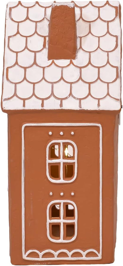 Mark Feldstein & Associates Ceramic Iced Gingerbread Houses - Pre-Lit LED Holiday Village Figurines, Set of 2, 9 Inch