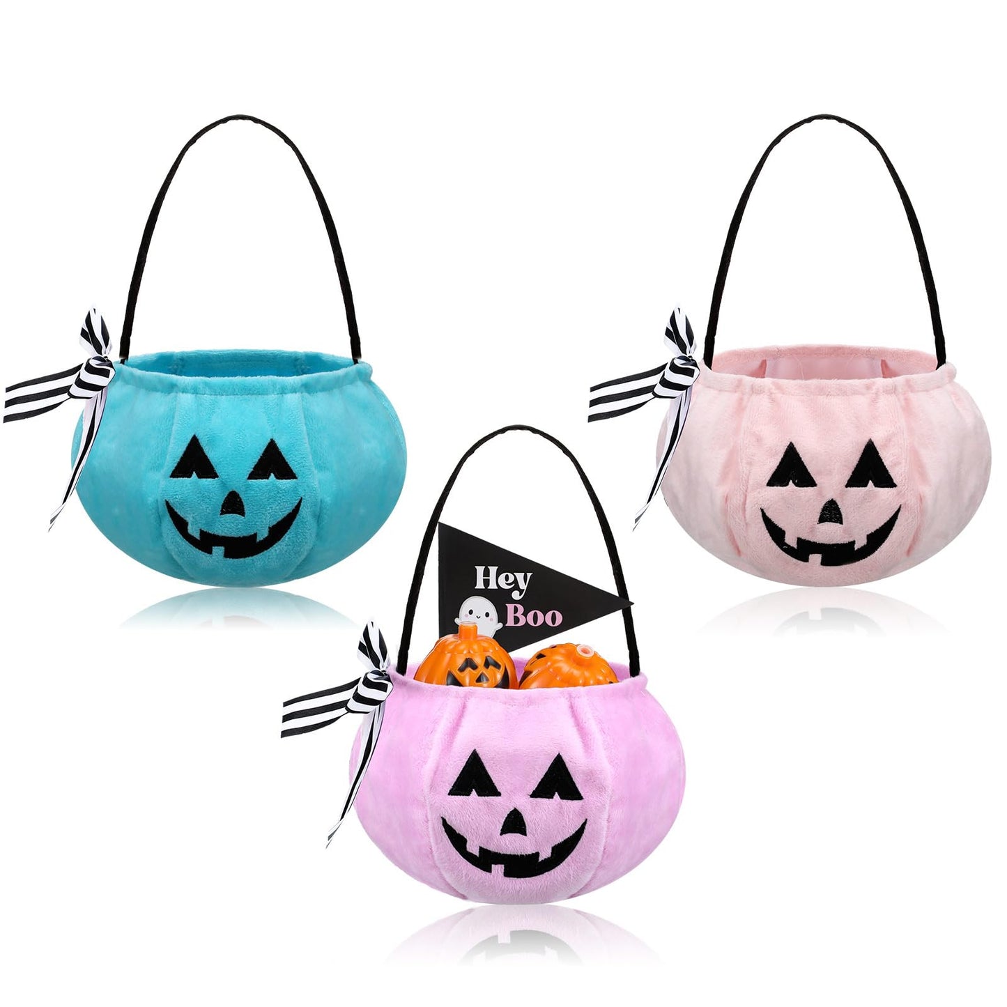 Sunnymove 3 Pcs Summer Halloween Pumpkin Basket 7.9 x 5.12 Inch Pastel Small Pumpkin Basket Trick or Treat Buckets Goodie Candy Gift Bags with Handle for Halloween Exchange Supplies(Pastel)