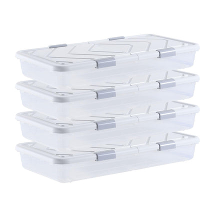 VEVOR Under Bed Storage with Wheels, 31.7 x 15.6 x 6.9 inch Underbed Containers, Underbed Shoes Organizer with Lid & Gray Latch, Rolling Under the Bed Storage Bins for Clothes Shoes Blankets, 4 Pack