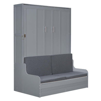Merax Queen Size Murphy Bed Frame, Modern Wall Bed Can Be Folded into Cabinet, Chair with Cushion, Gray