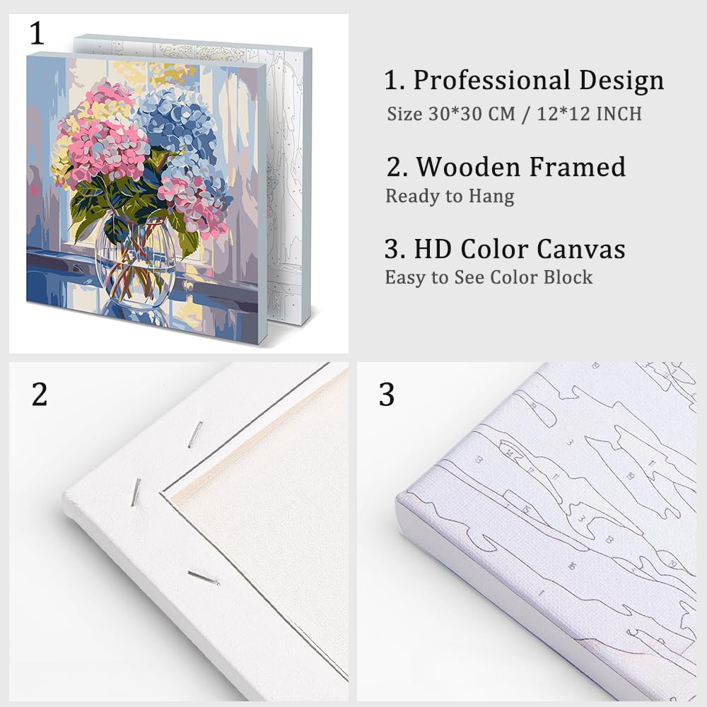 Natuyalo Framed Paint by Numbers Kit for Adults - Colorful Flowers DIY Adult Paint by Number Kits Vase Acrylic Canvas Painting for Adults Beginners Art Crafts with Frame, 12x12 Inch