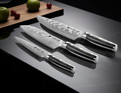 WIZEKA Damascus Chef Knife Set: 3 PCS,Super Sharp Kitchen Knives: Made of Japanese Steel VG10: Full Tang Professional Chef Knife Set With G10 Ergonomic Handle, Mothers Day