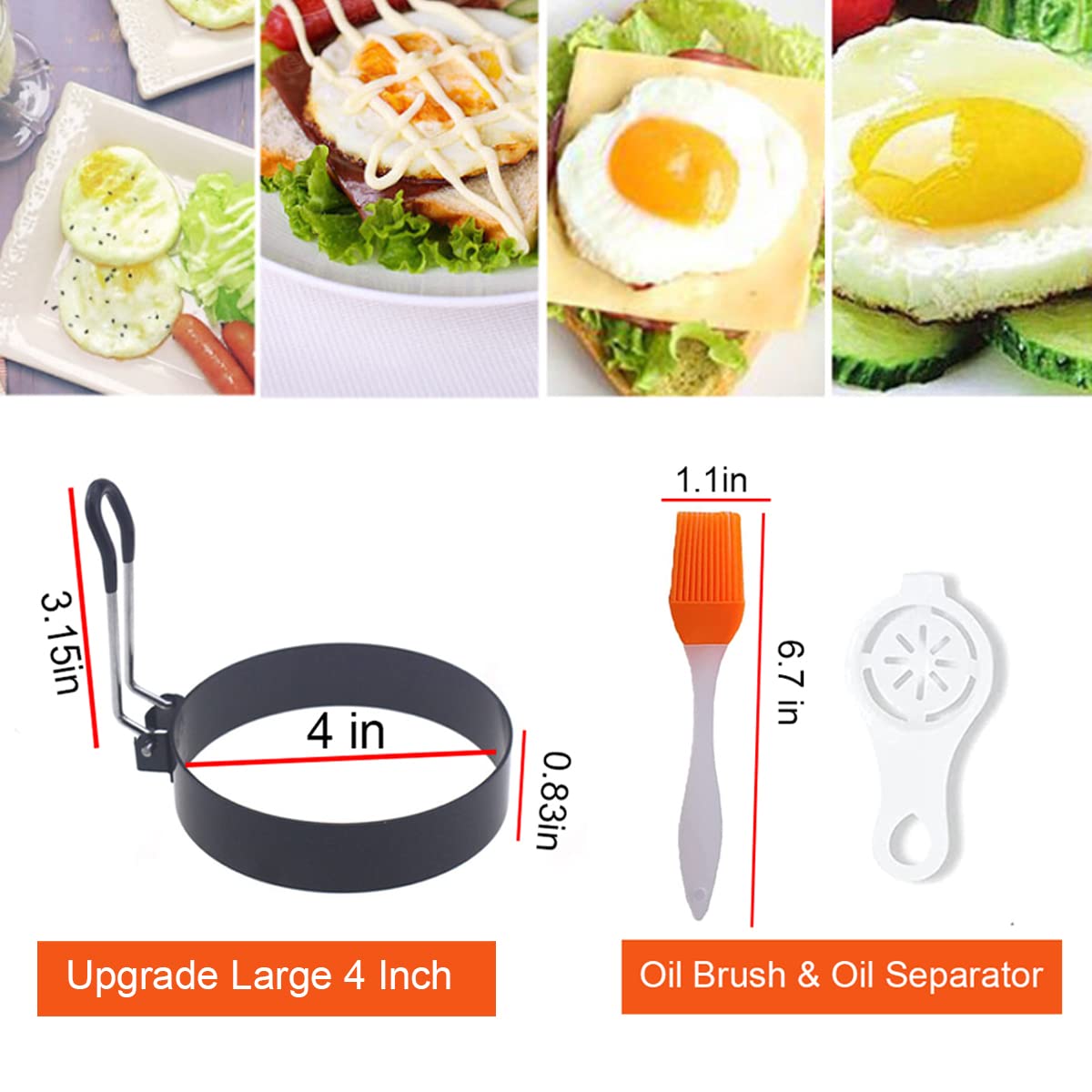 WOWITIS Upgrade 4'' Large Egg Rings Set, 4 Packs Stainless Steel Round Egg Maker Mold, Anti-scalding Grill, 1X Oil Brush & 1X Egg Separator White