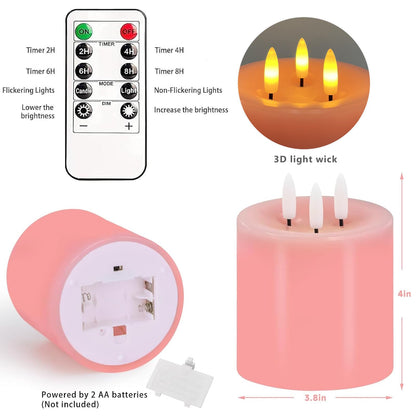 Large 3 Wick Flameless Candles, 4"x4" Flickering Flameless Candles with Remote & Timer, Dimmable Real Wax LED Candles Battery Operated, Electric Pillar Candles for Wedding Valentine's Day Decor (Pink)
