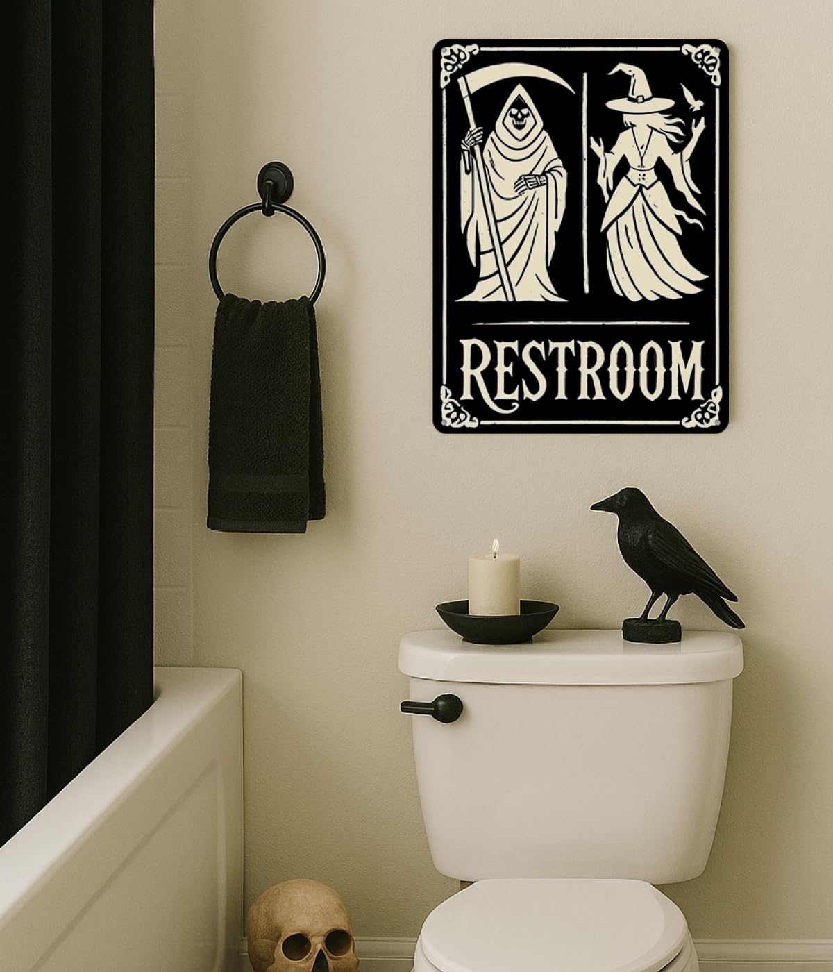 Halloween Bathroom Decor Sign – Grim Reaper & Witch Wall Art, Spooky Restroom Decor, Funny Gothic Metal Plaque 11x8.3 in, Occult, Witchy, Horror Home or Goth Bathroom Decor by Opix Design
