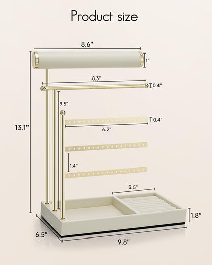 VLANDO Jewelry Stand Organizer with Ring Holder Tray, Necklace and Earring Storage for Bracelets, Watches and Rings, PU Leather Covered Wooden Tray with Gold Metal Frame - Beige