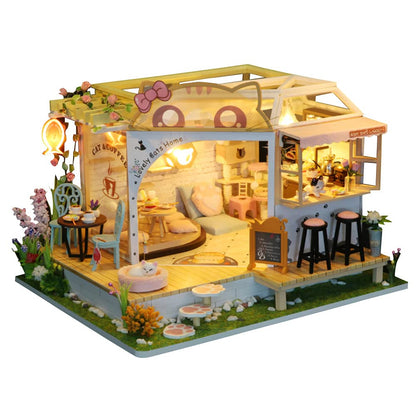 Cat Cafe Wooden Miniature Dollhouse Kit DIY Pet Cat Coffee Shop Building Model Accessories with Furniture LED Light Music Box Birthday (Without Dust Cover)