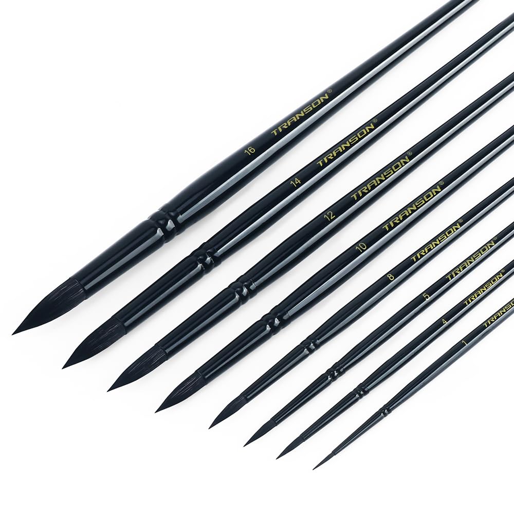 Transon 8pcs Round Watercolor Paint Brush Set Goat Hair for Watercolors,Acrylics,Inks,Gouache,Oil and Tempera Black Color