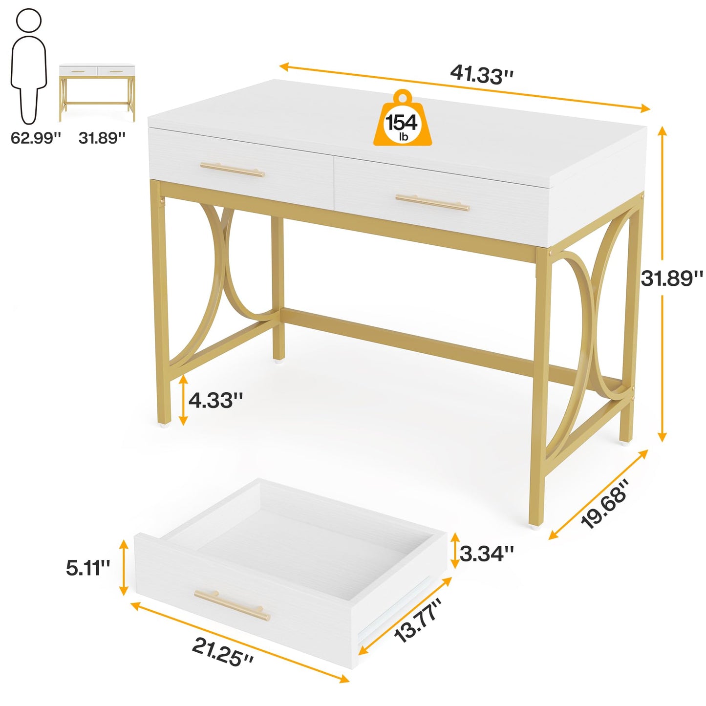 LITTLE TREE 41" Computer Desk with Two Drawers, Modern Study Writing Desk with Storage, White Makeup Vanity Table Office Desk with Gold Metal Frame for Home Office