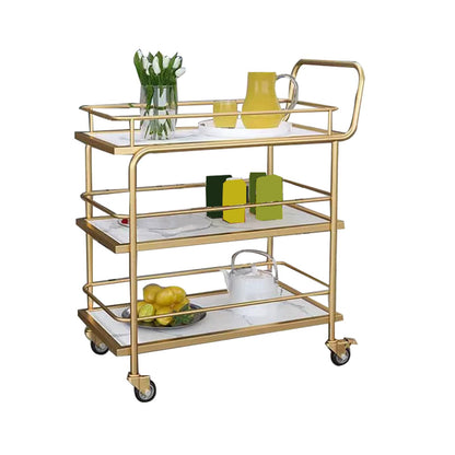 Gold Hotel Service Cart 3Tier Metal Restaurant Trolley with Fence and EcoFriendly Marble PanelsElegant White Finish for Dining and Catering Use