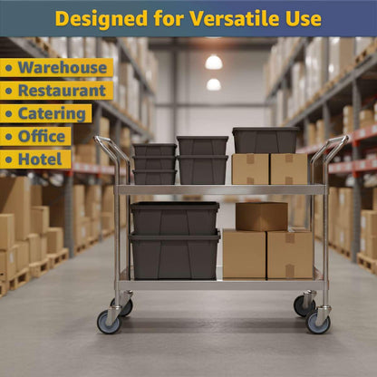 24" x 46" x 37" Stainless Steel Two Shelf Utility Cart - Commercial Heavy-Duty NSF Service Cart with Handles, Storage Rolling Shelving for Warehouse, Office, Food Service