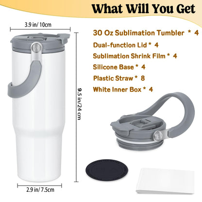 4 Pack 30oz Sublimation Tumbler with Handle, Sublimation Flip Straw Tumbler with Portable 2-in-1 Lid, Stainless Steel Insulated Water Bottle, Leak Proof Travel Coffee Mug Cup for Home, Outdoor or Car